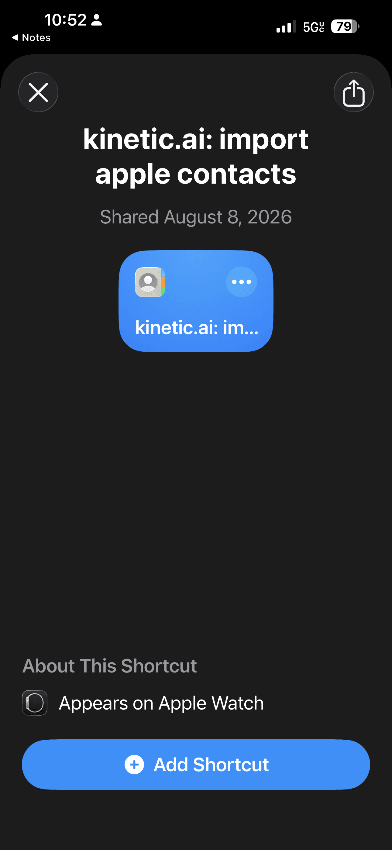 iOS prompt to add the kinetic.ai import apple contacts shortcut