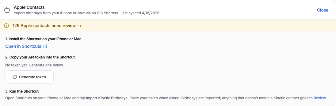 Generate token button in the Apple Contacts setup panel